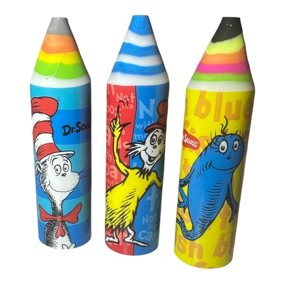 Dr. Seuss 3 Pack Crayon Erasers - Cat in the Hat, Sam I am, Blue Fish - Picture 1 of 2
